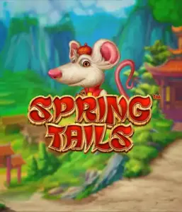 A charming illustration of a mouse dressed in traditional Chinese attire positioned in front of a picturesque mountain backdrop. The image represents the Spring Tails game by Betsoft, highlighted with striking gold and red logo text.